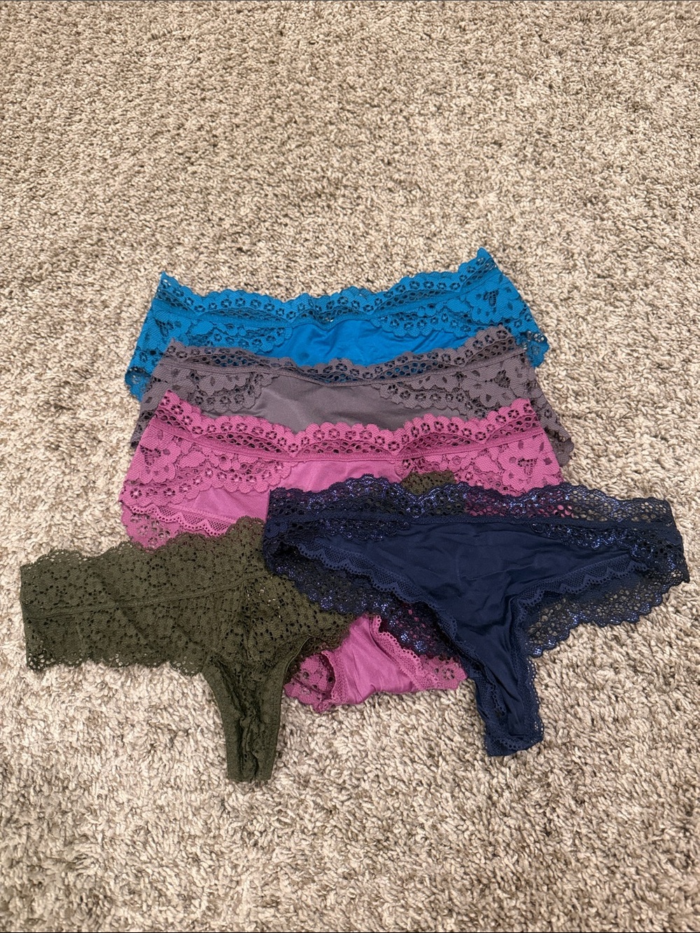 Lace Trim Panties - Blue, Pink, Gray, Olive, Navy - Cheeky and Thong